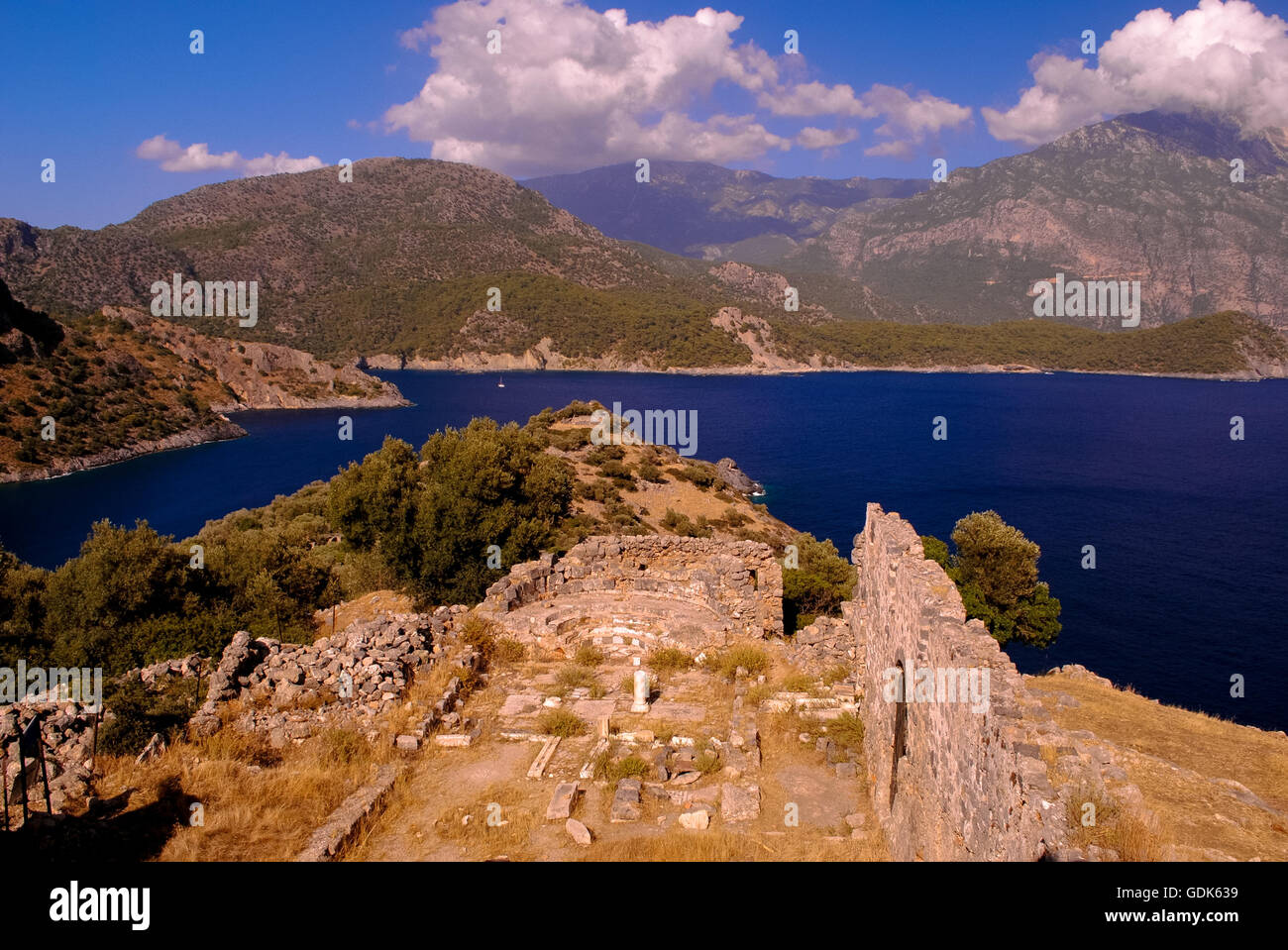 Ancient ruins on Gemiler Island, also known as St Nicholas Island, south of Gocek on the Aegean coast, Turkey. Stock Photo