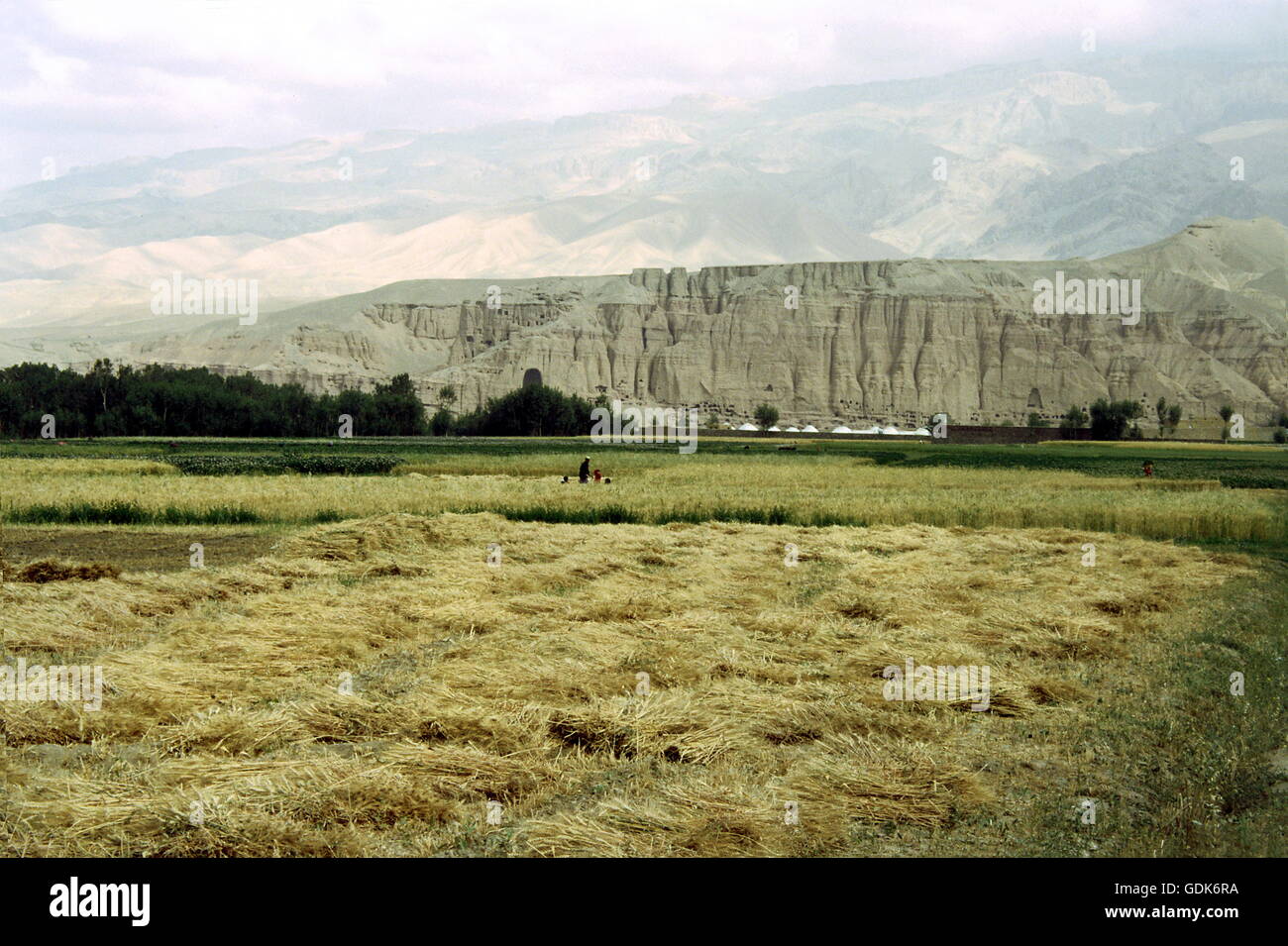 geography / travel, Afghanistan, landscapes, Bamyan valley, harvest, in the background destroyed site of the Buddhas of Bamyan, 20.7.2004, Stock Photo