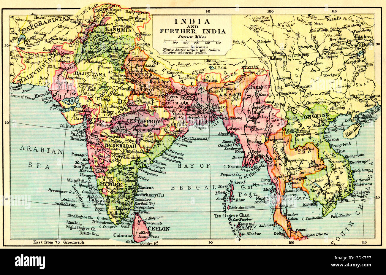 A 1930's map of India and Further India. Stock Photo