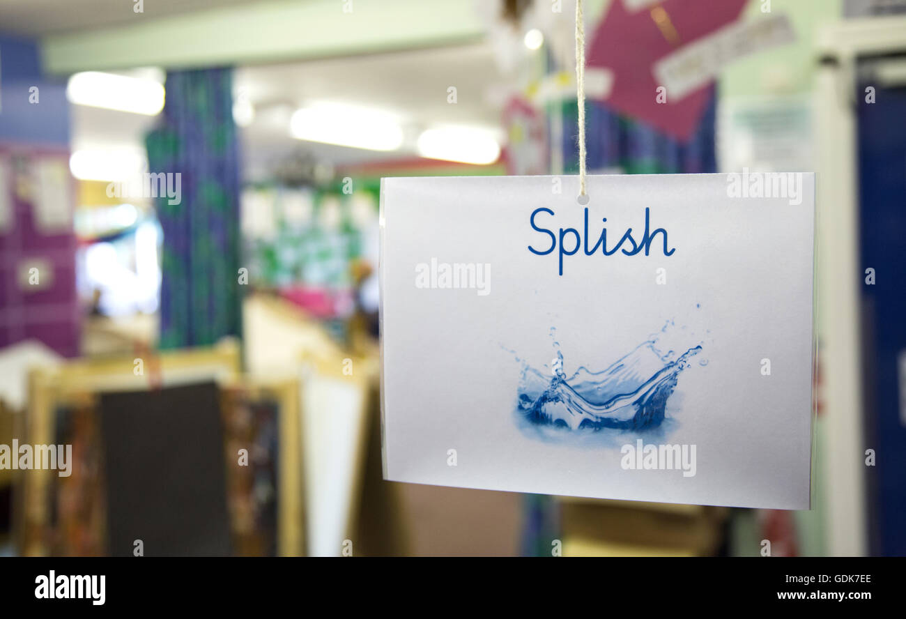 Splish sign teaching aid hanging in a UK primary school Stock Photo - Alamy