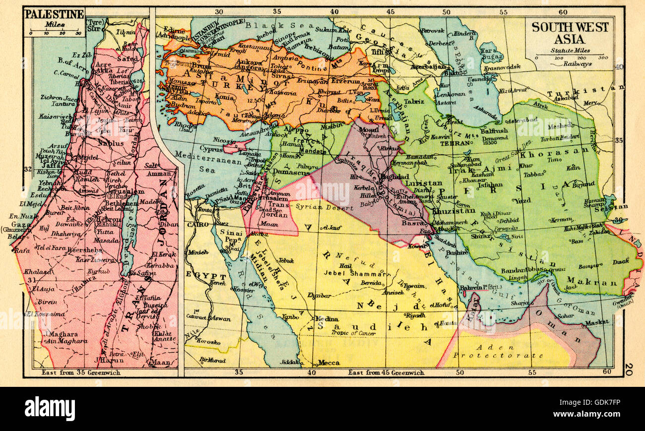 A 1930's map of Palestine, left and south west Asia, right. Stock Photo