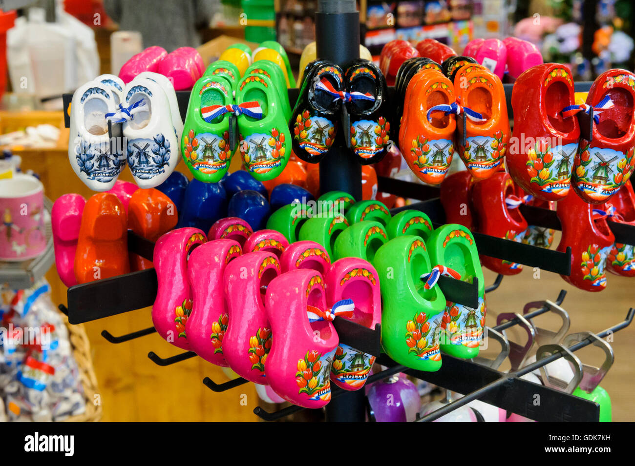 Colourful traditional handmade clogs on display in Amsterdam, Holland, Netherlands. Stock Photo