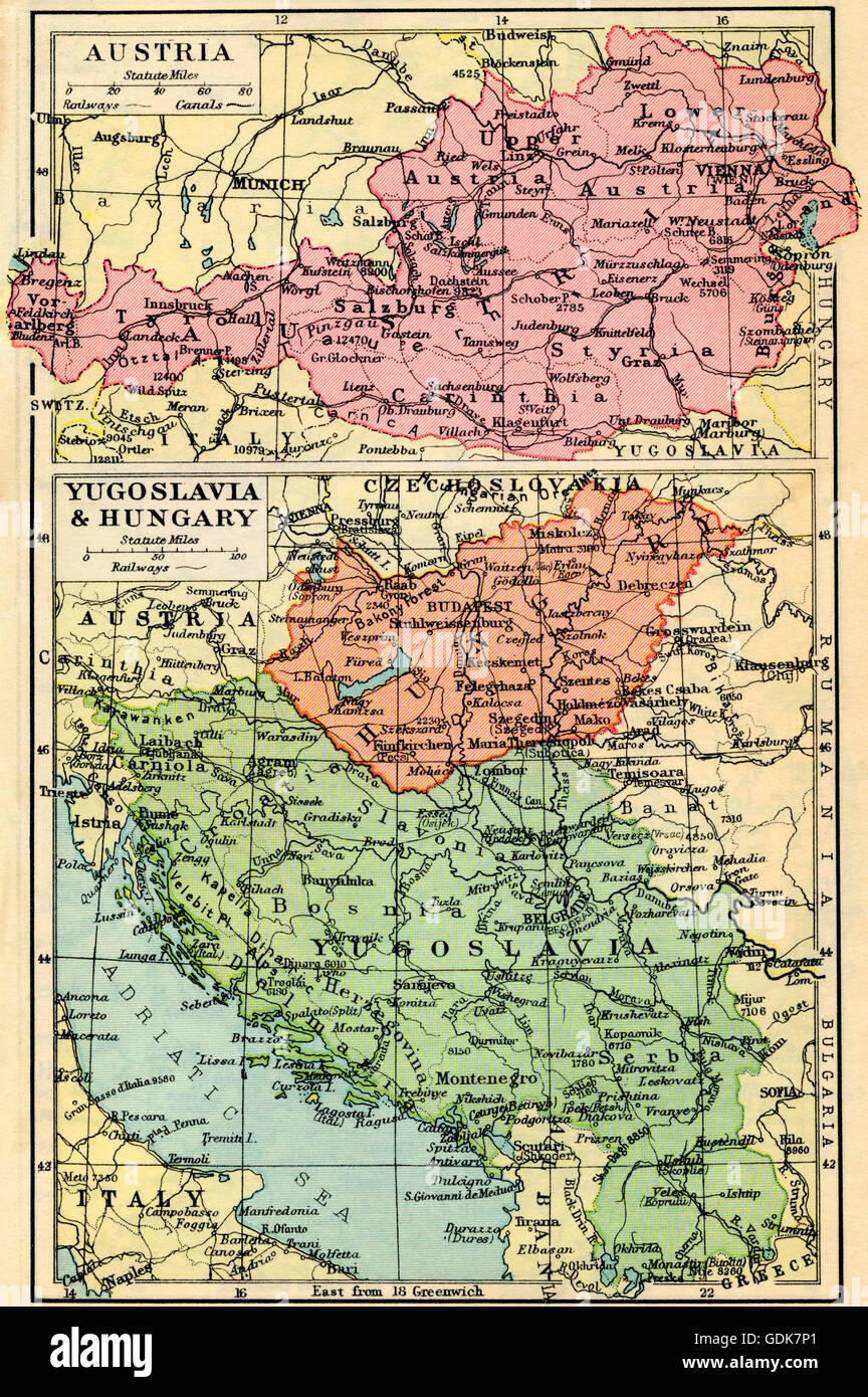A 1930's map of Austria, top and Yugosalvia and Hungary, bottom. Stock Photo