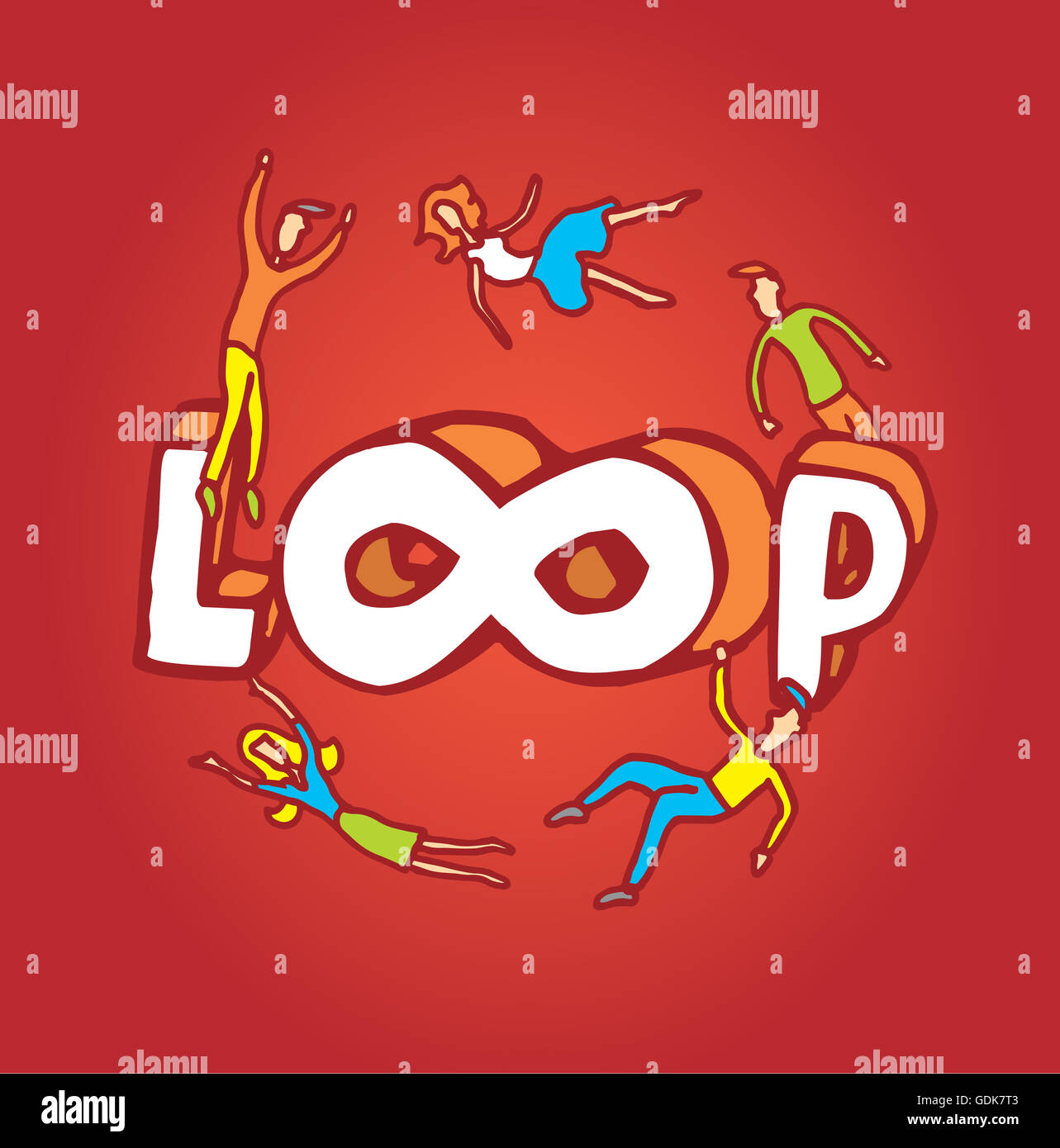 Cartoon illustration of an infinite loop word with people floating around Stock Photo