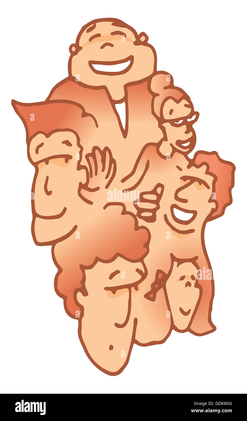 Cartoon illustration of different people connected into one team Stock Photo