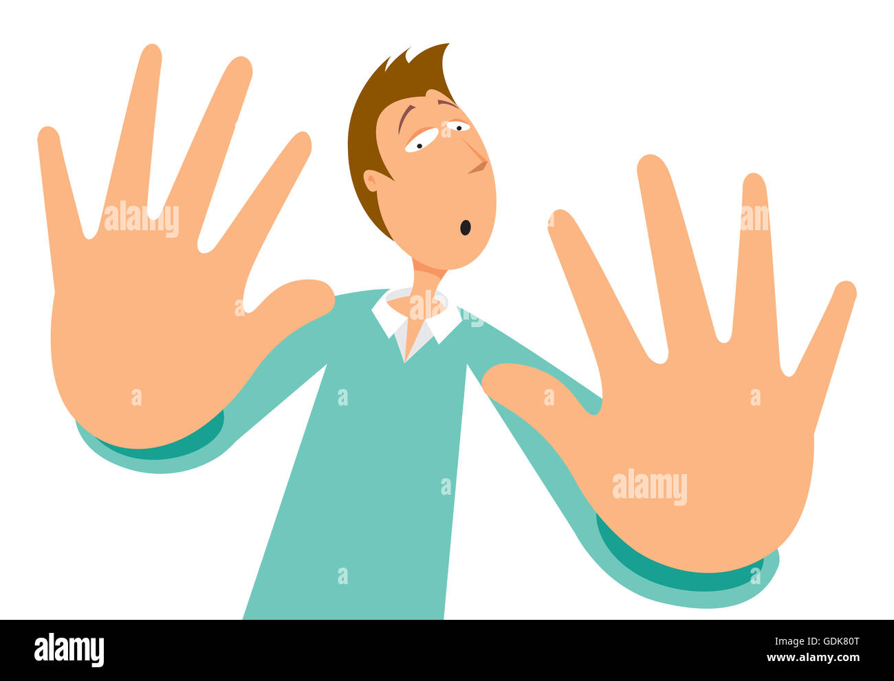 Cartoon illustration of scared man rejecting with his hands Stock Photo
