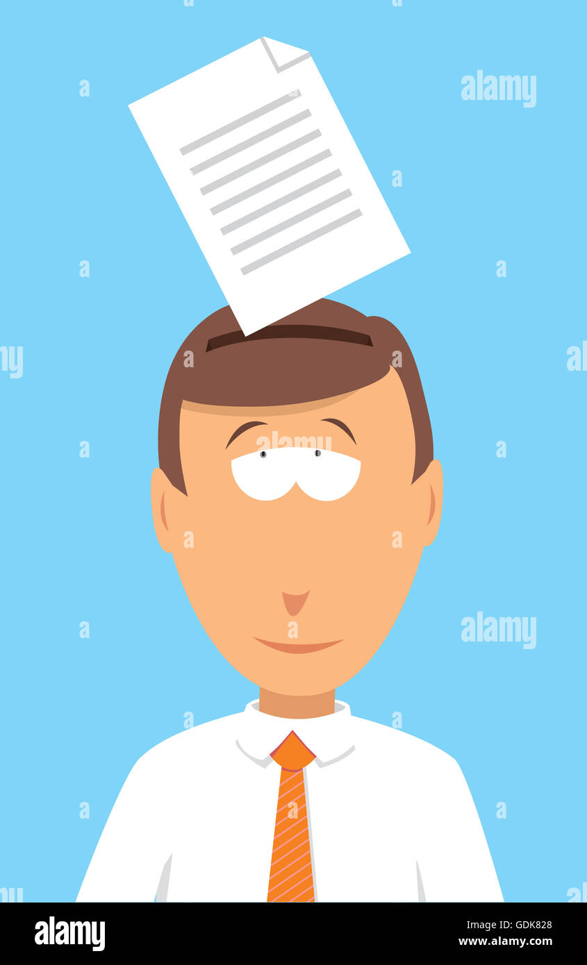 Cartoon illustration of a businessman learning a business document entering his head Stock Photo