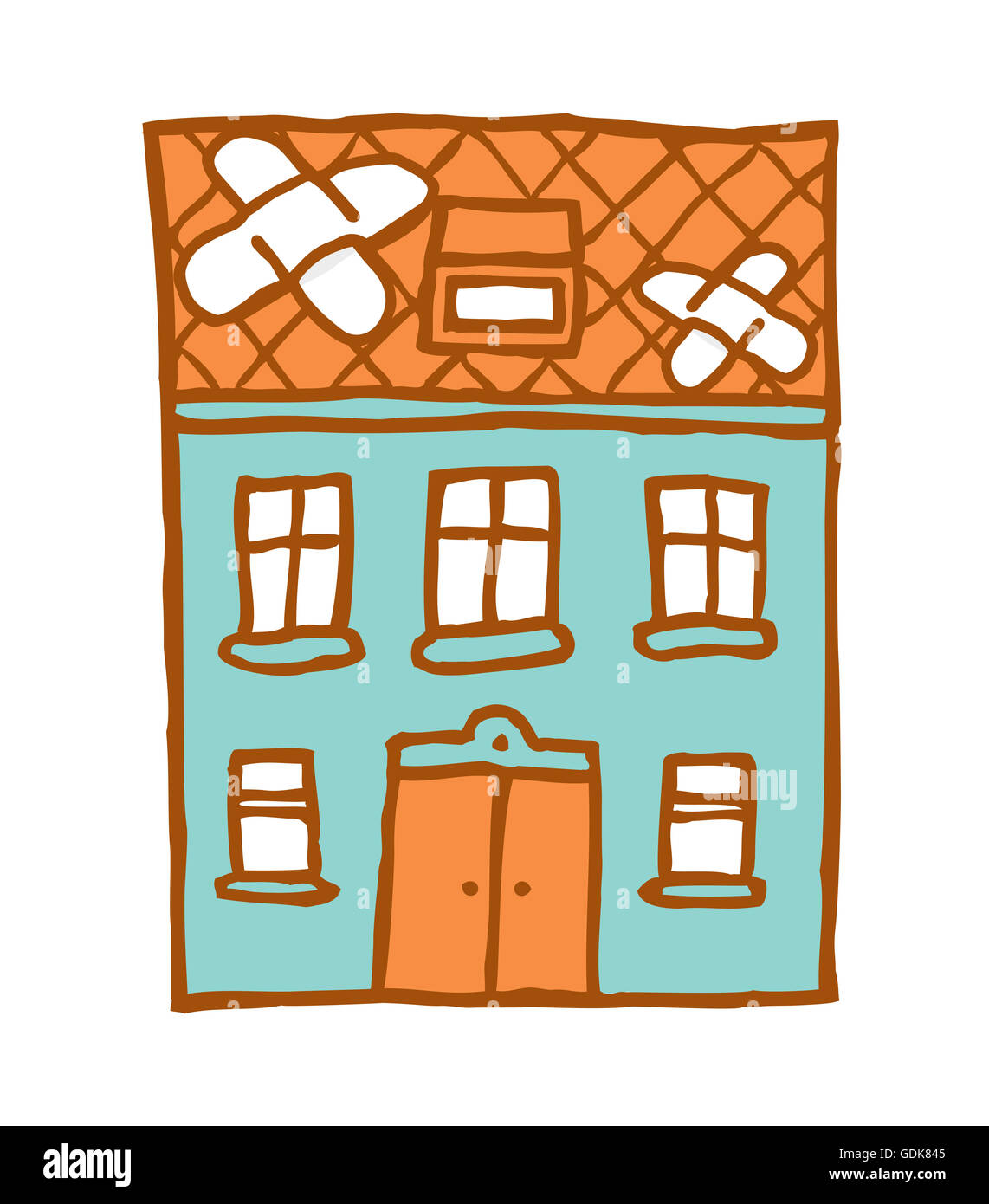 Cartoon ilustration of a broken house with patches of adhesive bandage Stock Photo