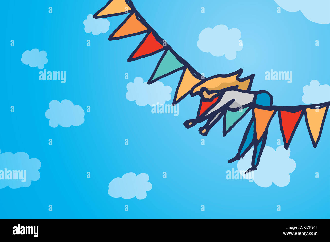 Cartoon illustration background of a woman hanging up over colorful party pennants Stock Photo