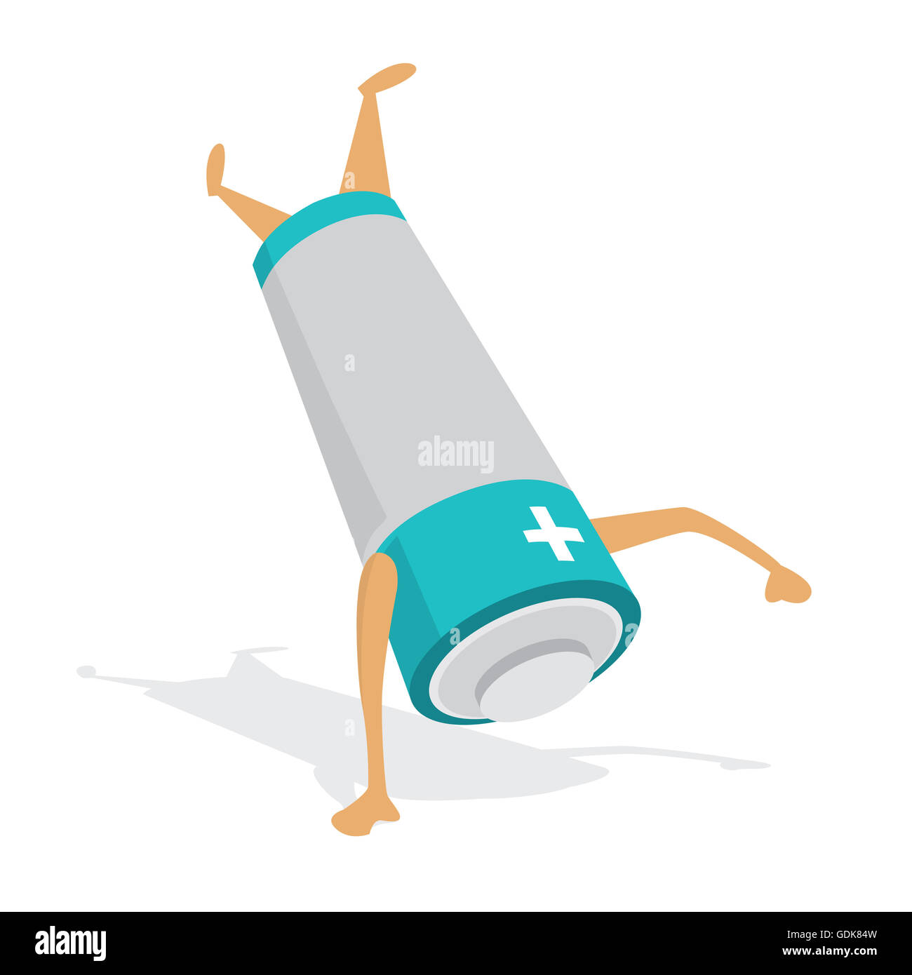 Cartoon illustration of an upside down battery balancing on one arm Stock Photo Alamy