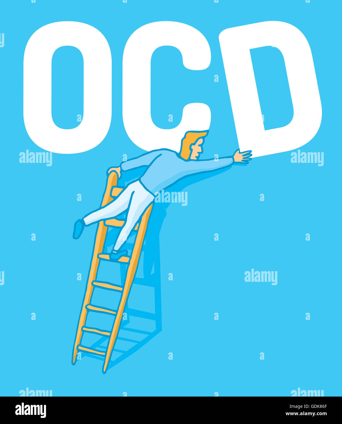 Cartoon illustration of an obsessive man correcting a crooked ocd letter Stock Photo