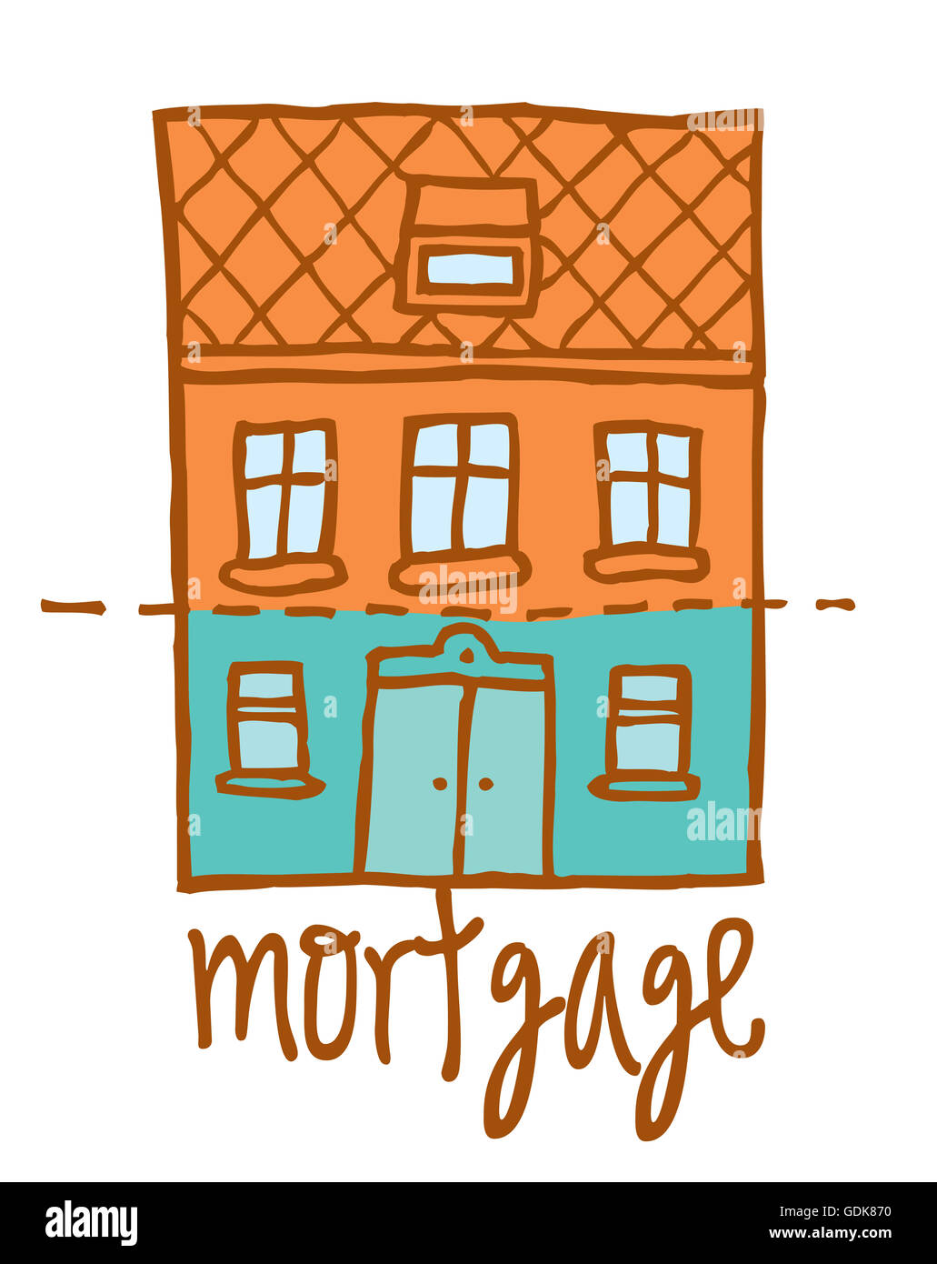 Cartoon illustration of a house or property with mortgage word Stock Photo