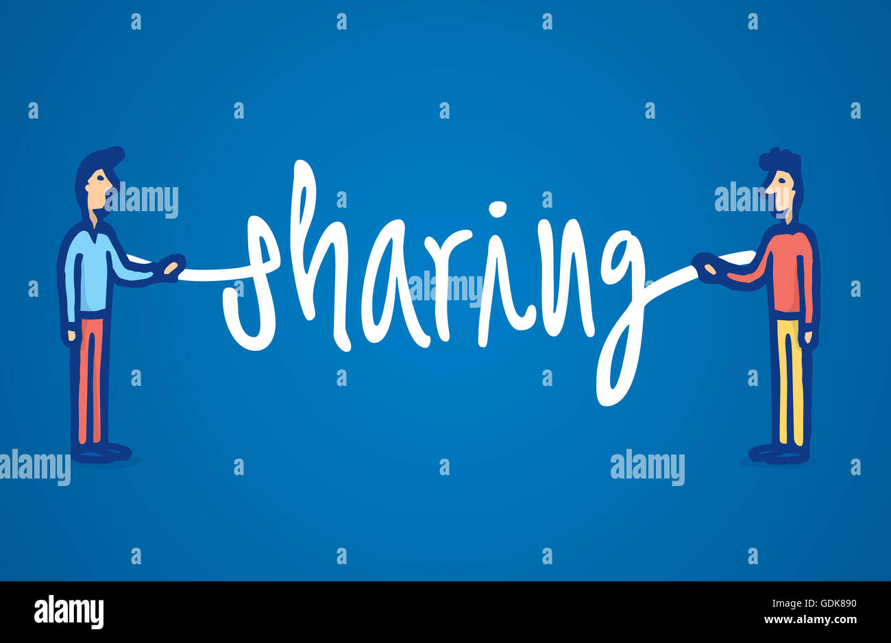 Cartoon illustration of two guys holding the word sharing together Stock Photo