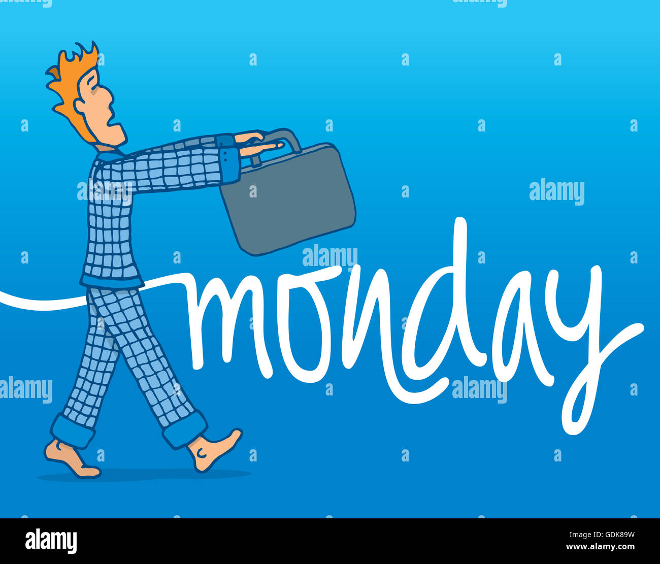 Cartoon illustration of tough monday morning for a sleep walking businessman Stock Photo