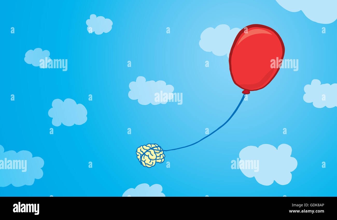 Cartoon illustration of imagination or brain flying tied to a red balloon Stock Photo
