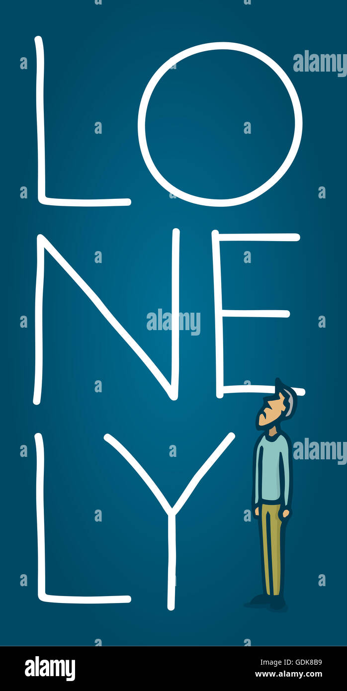 Cartoon illustration of small man being troubled by loneliness Stock Photo