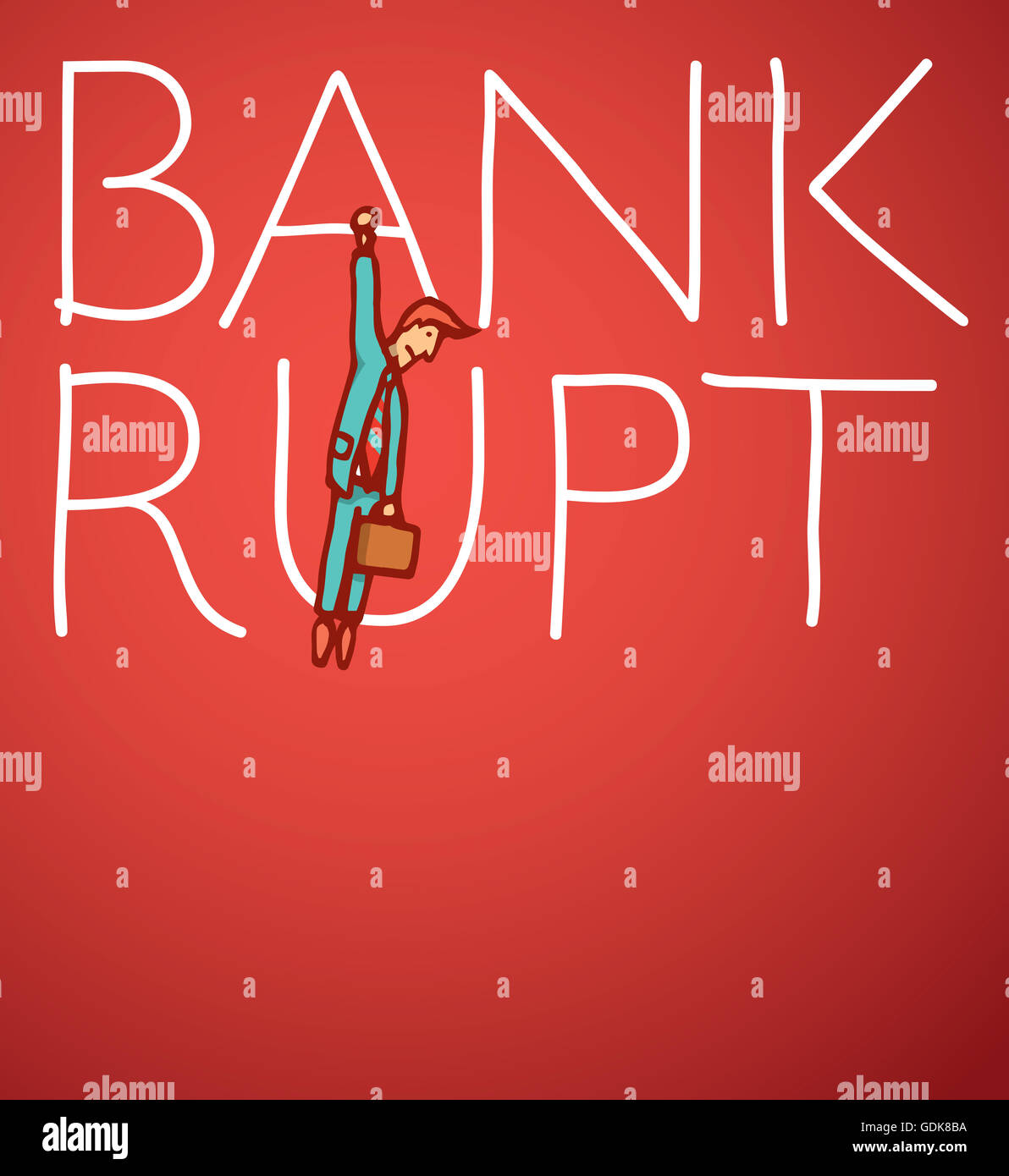 Cartoon illustration of a business man hanging from bankruptcy Stock Photo