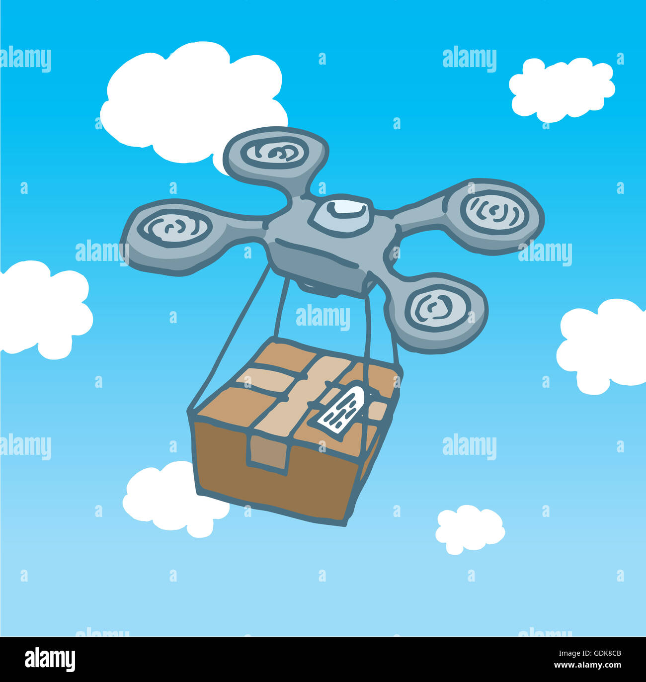 Cartoon illustration of a drone copter flying and delivering a post office box Stock Photo