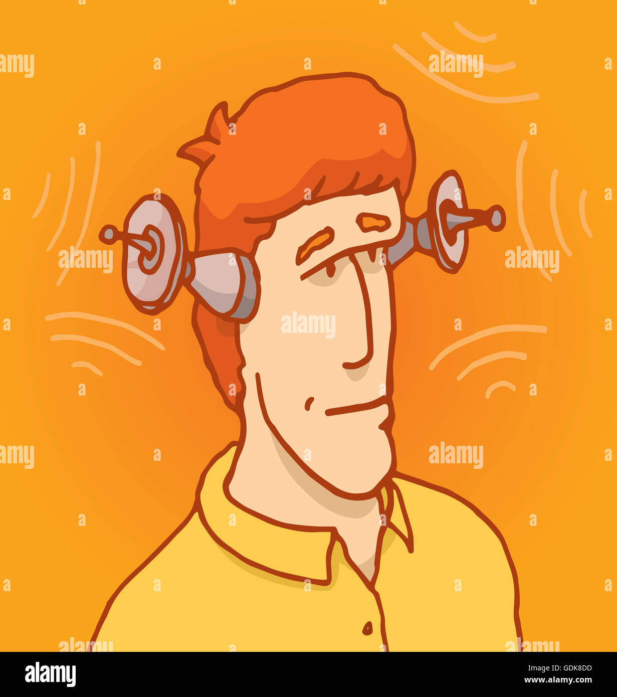 Cartoon illustration of a man with enhanced robotic ears or antenna Stock Photo