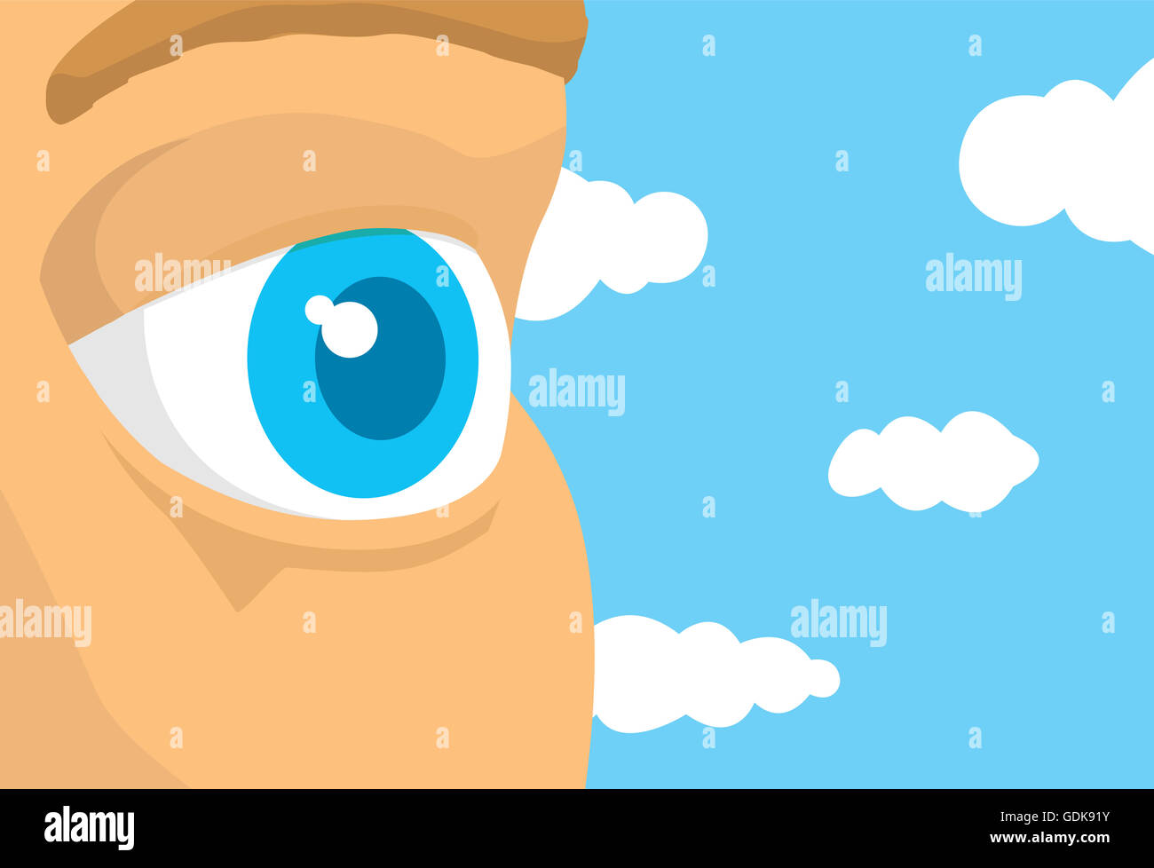 Cartoon illustration of open eye detail looking at blue sky Stock Photo