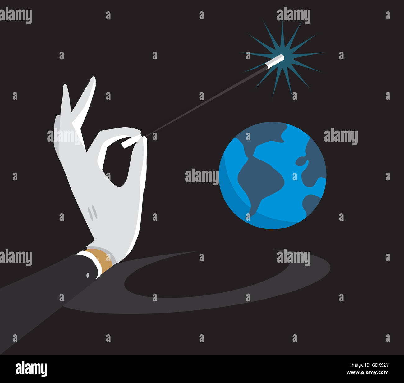 Cartoon illustration of magic wand enchanting tiny planet earth Stock Photo