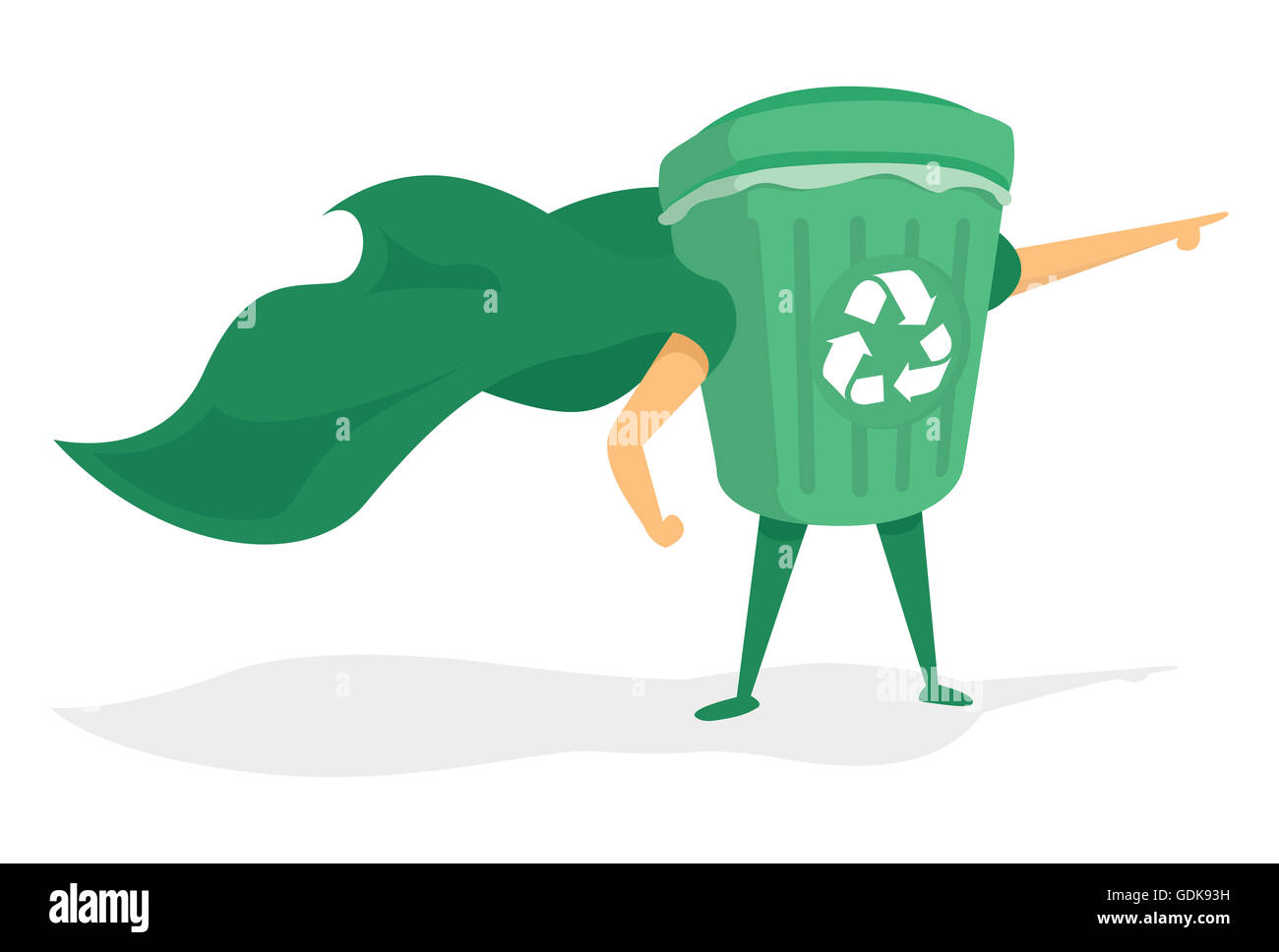 Cartoon illustration of green super recycling hero saving the day Stock Photo