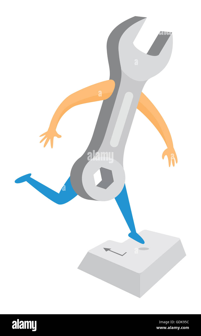 Cartoon illustration of wrench on enter key as tech support Stock Photo