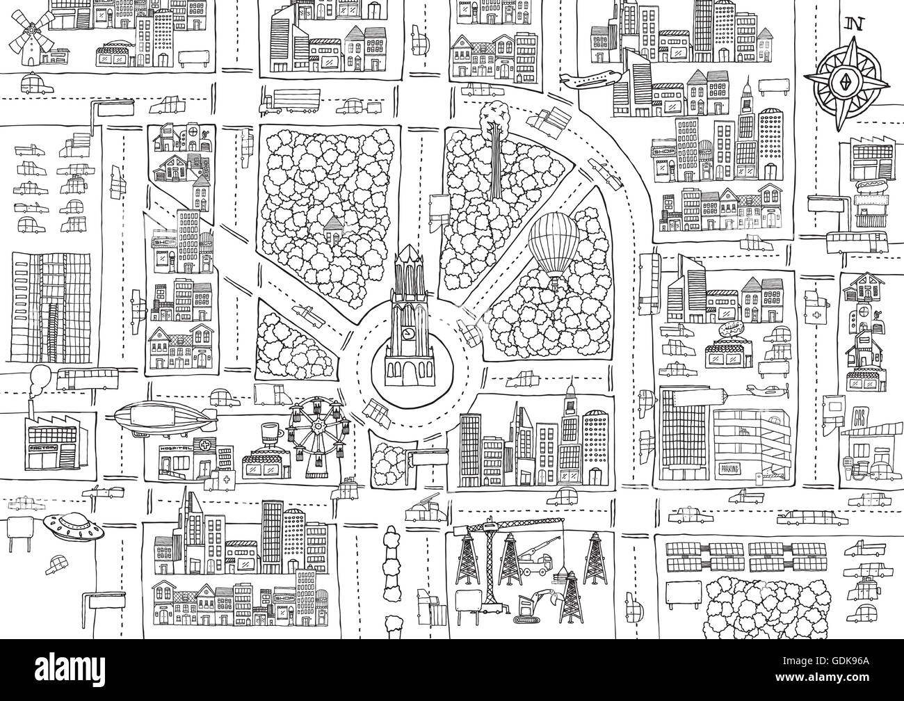 Cartoon illustration background of busy city texture for adult coloring Stock Photo