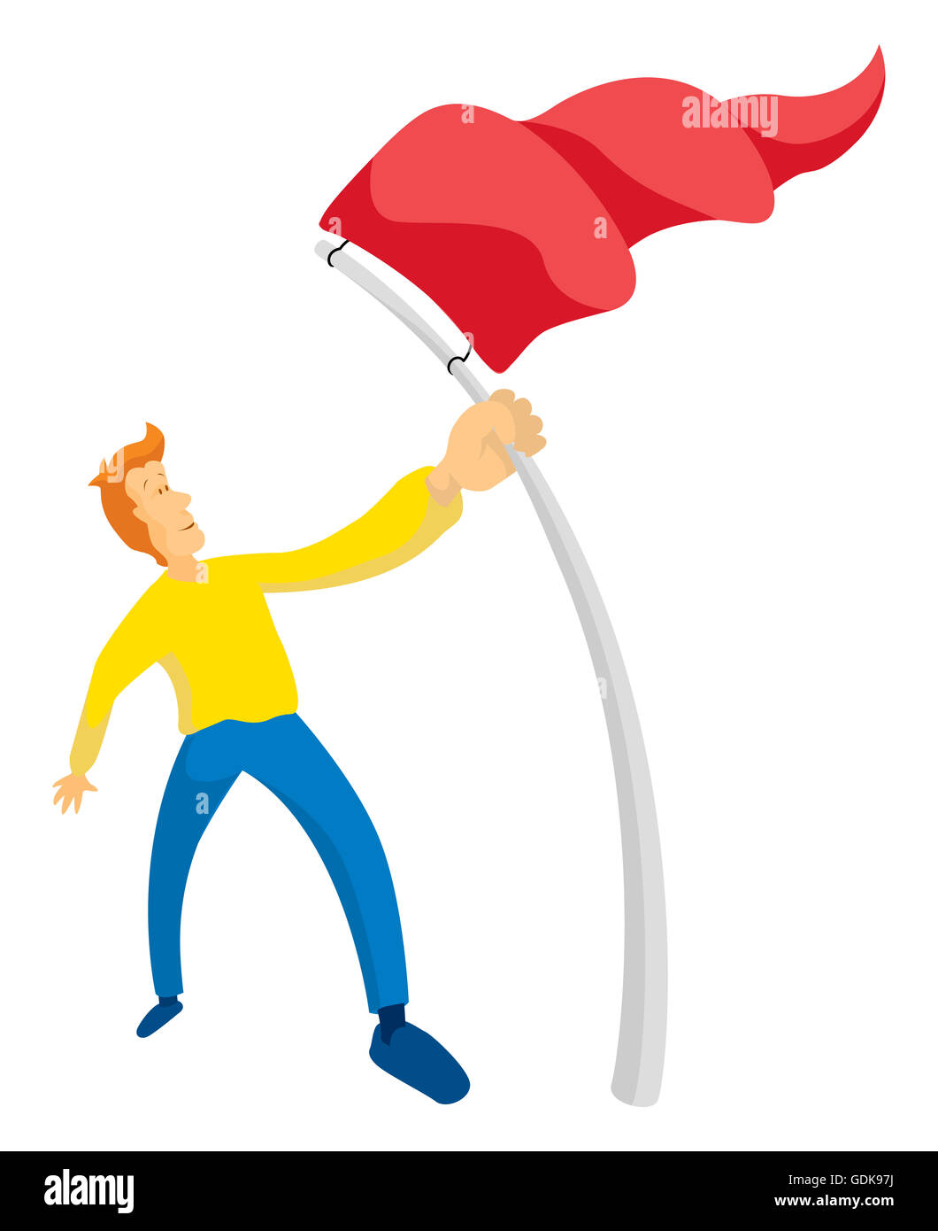 Cartoon illustration of man holding a red flag conquering objectives Stock Photo