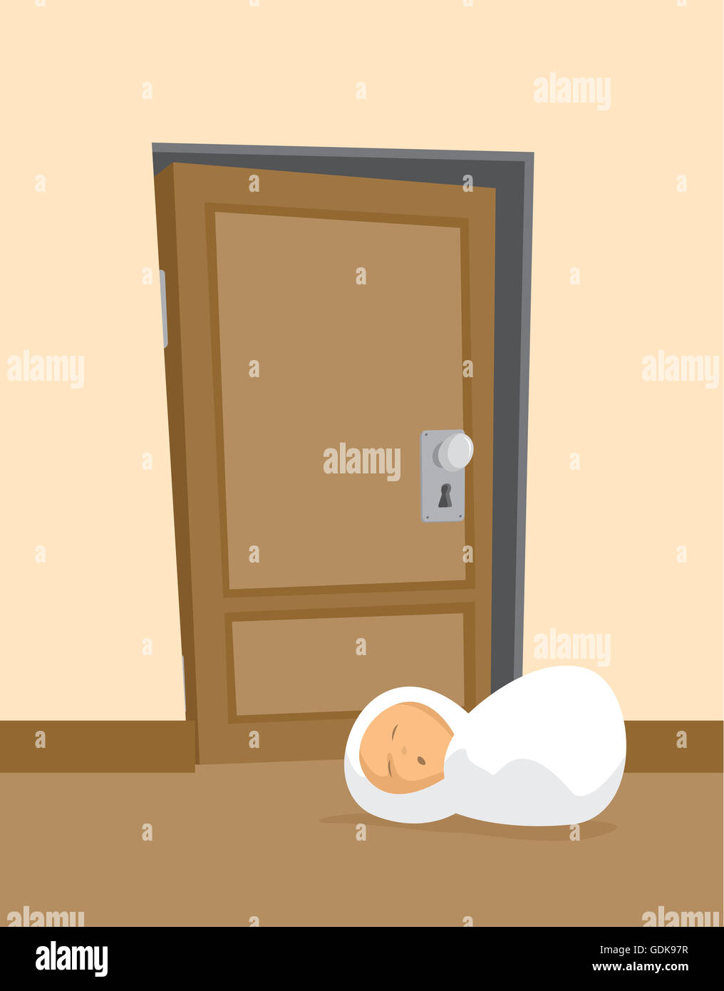 Cartoon illustration of newborn baby left abandoned at doorway Stock Photo