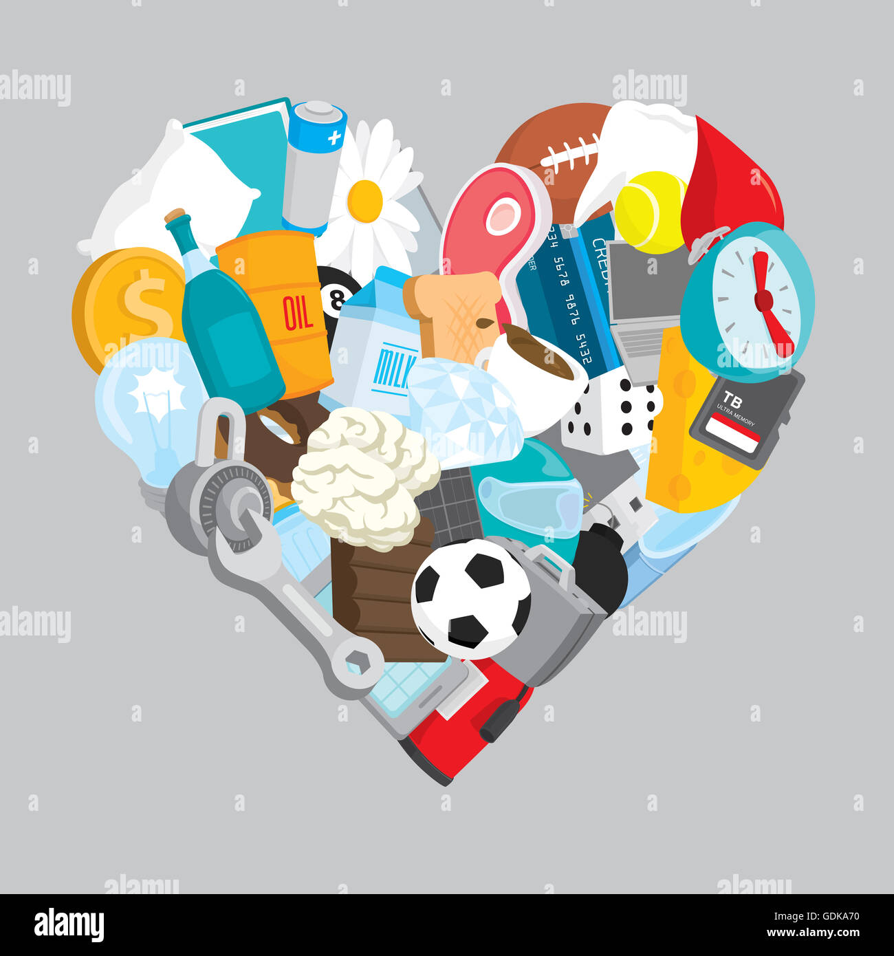 Cartoon illustration of different objects filling a heart Stock Photo