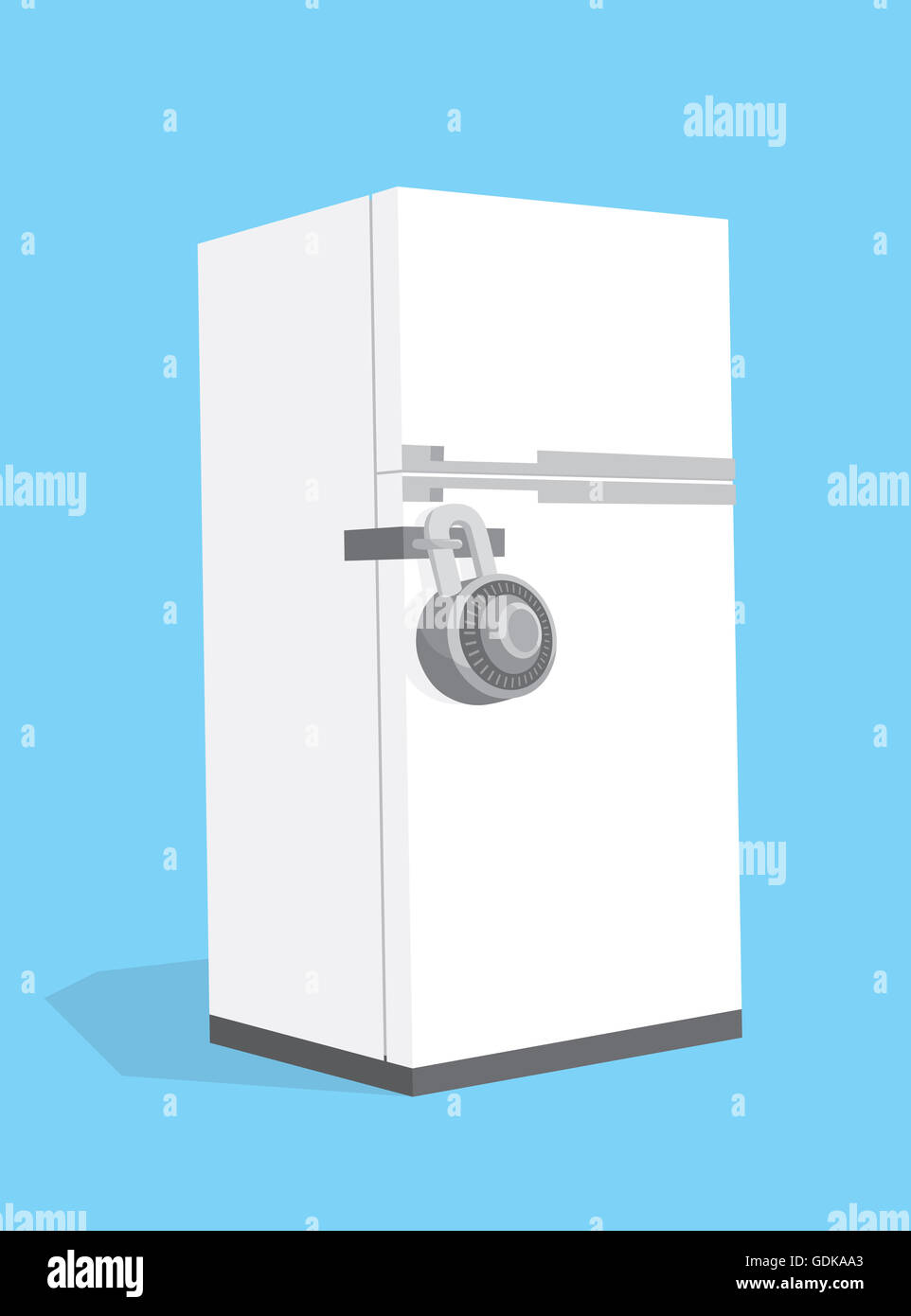 Cartoon illustration of diet fridge locked with combination padlock Stock Photo
