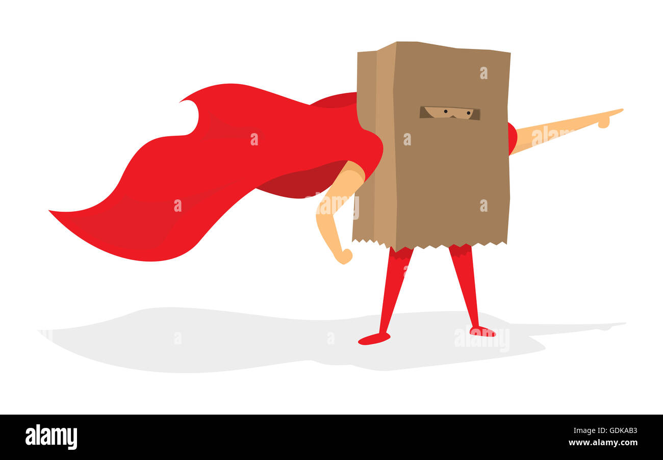 Cartoon illustration of super hero covered with paper bag Stock Photo