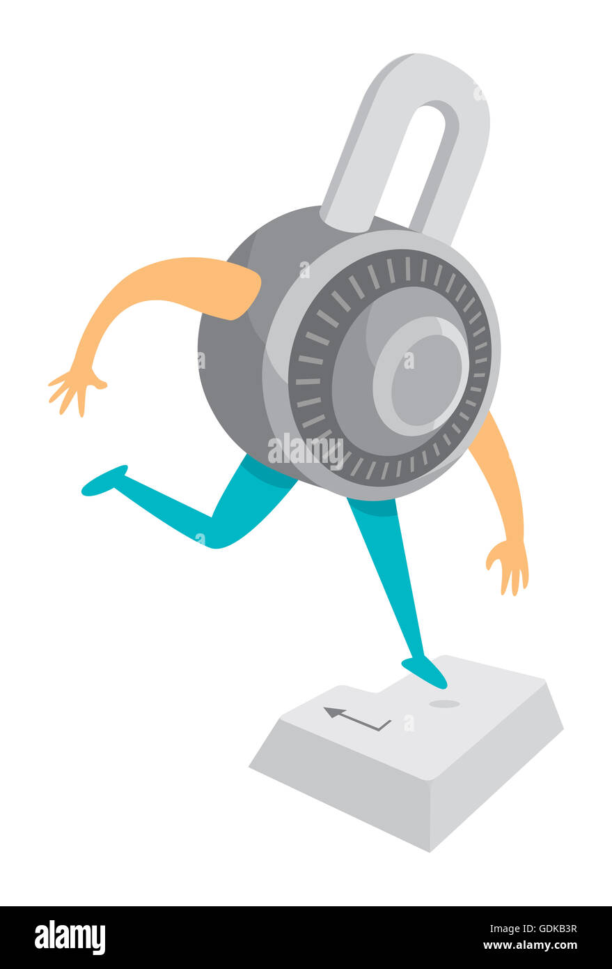 Cartoon illustration of round padlock jumping on enter or return key Stock Photo