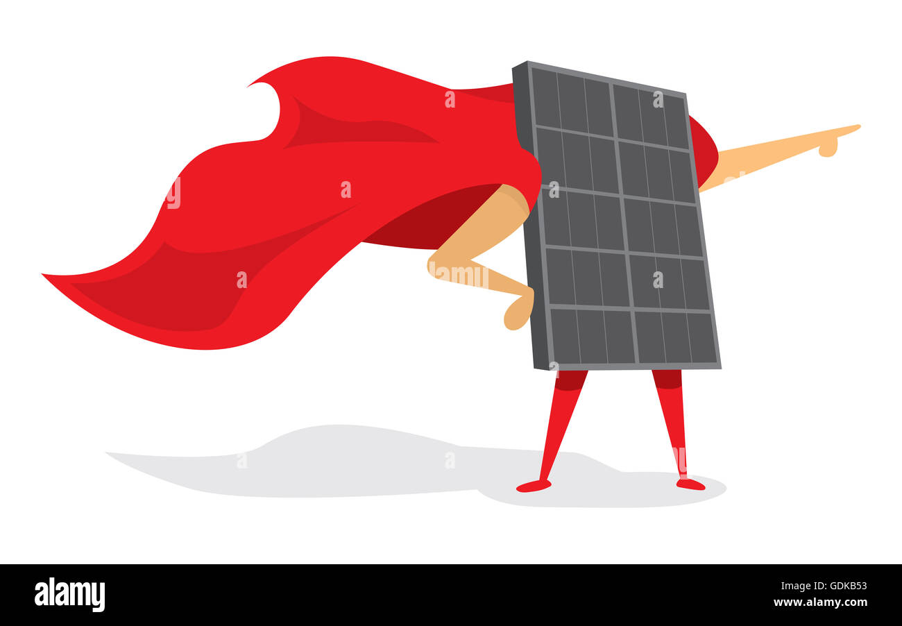 Cartoon illustration of energy solar panel as super hero with cape Stock Photo