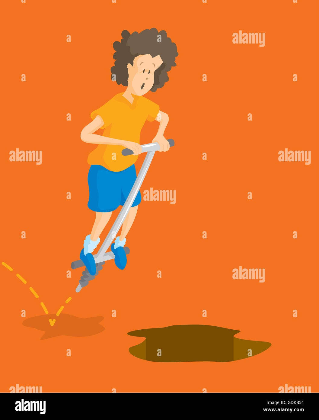 Cartoon illustration of kid jumping on pogo stick towards pit or hole