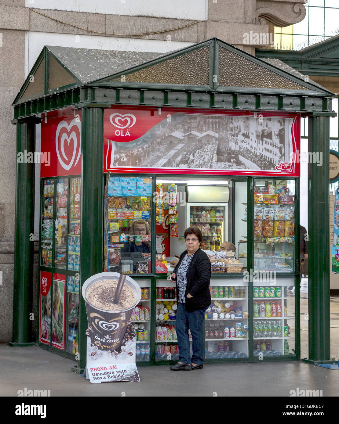 Newsstand with saleswoman, Sao Bento train station, Porto, District of Porto, Portugal, Europe, Travel, Travel Photography Stock Photo