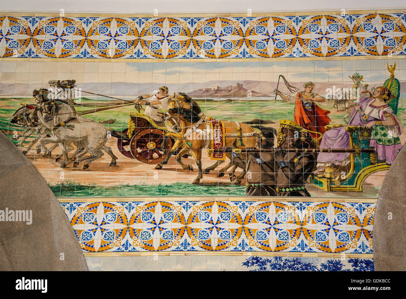 antique horse carriage, chariot, Sao Bento station Porto, azulejos tiles, concourse, entrance hall, main hall, Oporto, Porto Stock Photo
