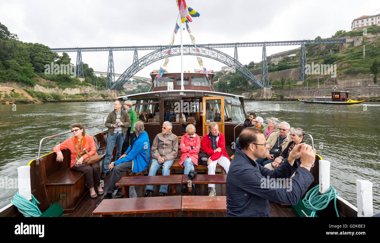 Studiosus study trip, excursion with an excursion boat under the famous Bridge of Porto, Ponte de Dom Luis I, Oporto, Porto Stock Photo