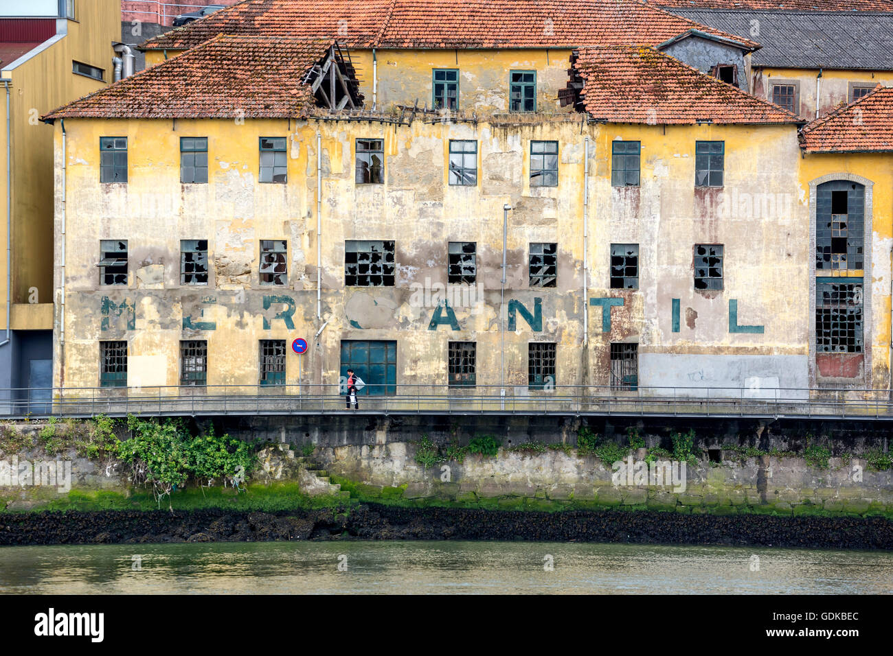 old warehouse on Douro Deterioration lettering Mercantil, Porto, District of Porto, Portugal, Europe, Travel, Travel Photography Stock Photo