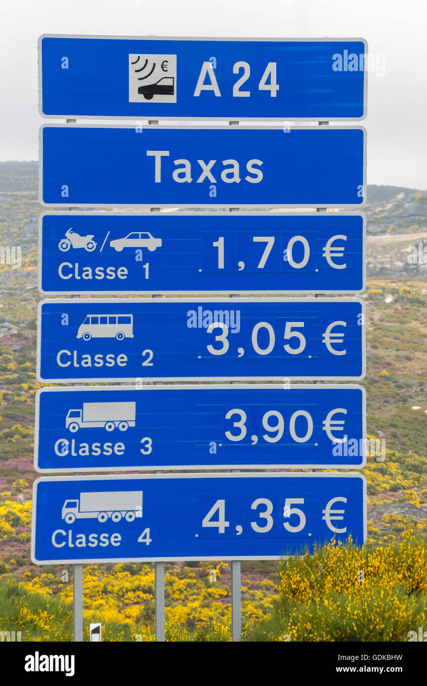 Tolls on the Portuguese highways, road sign, Mondrões, District of Vila Real, Portugal, Europe, Travel, Travel Photography Stock Photo