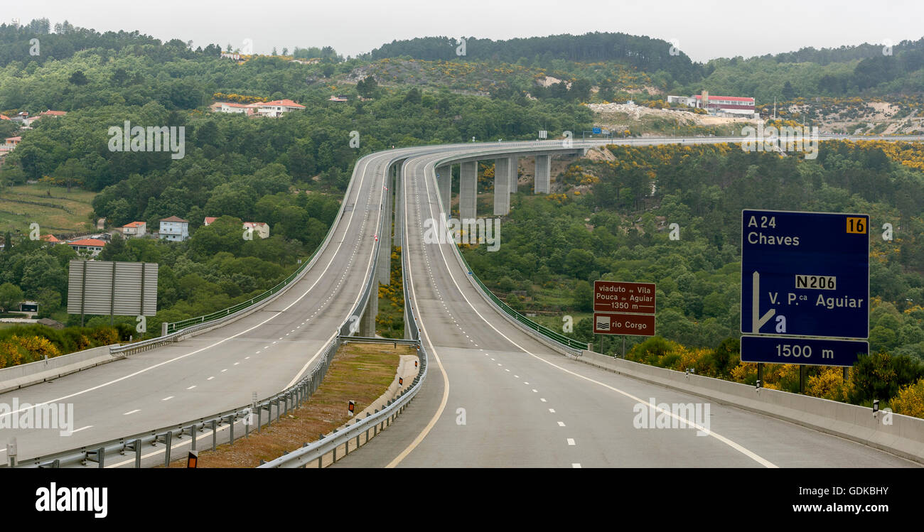 A24 motorway, highway bridge, Mondrões, tolls on the Portuguese highways, road sign, Mondrões, District of Vila Real, Portugal, Stock Photo
