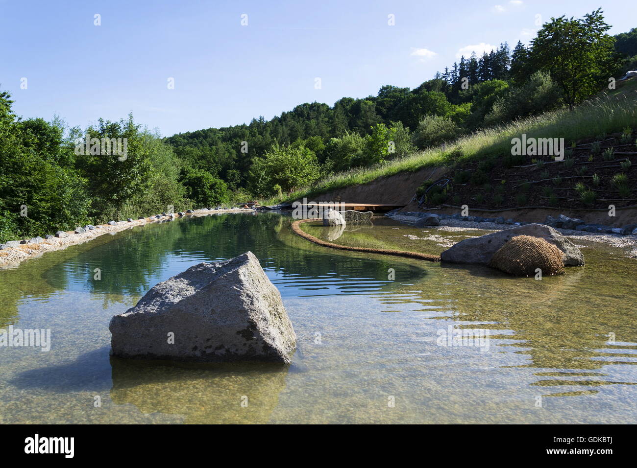Natural swimming pond purifying water without chemicals through filters and plants Stock Photo