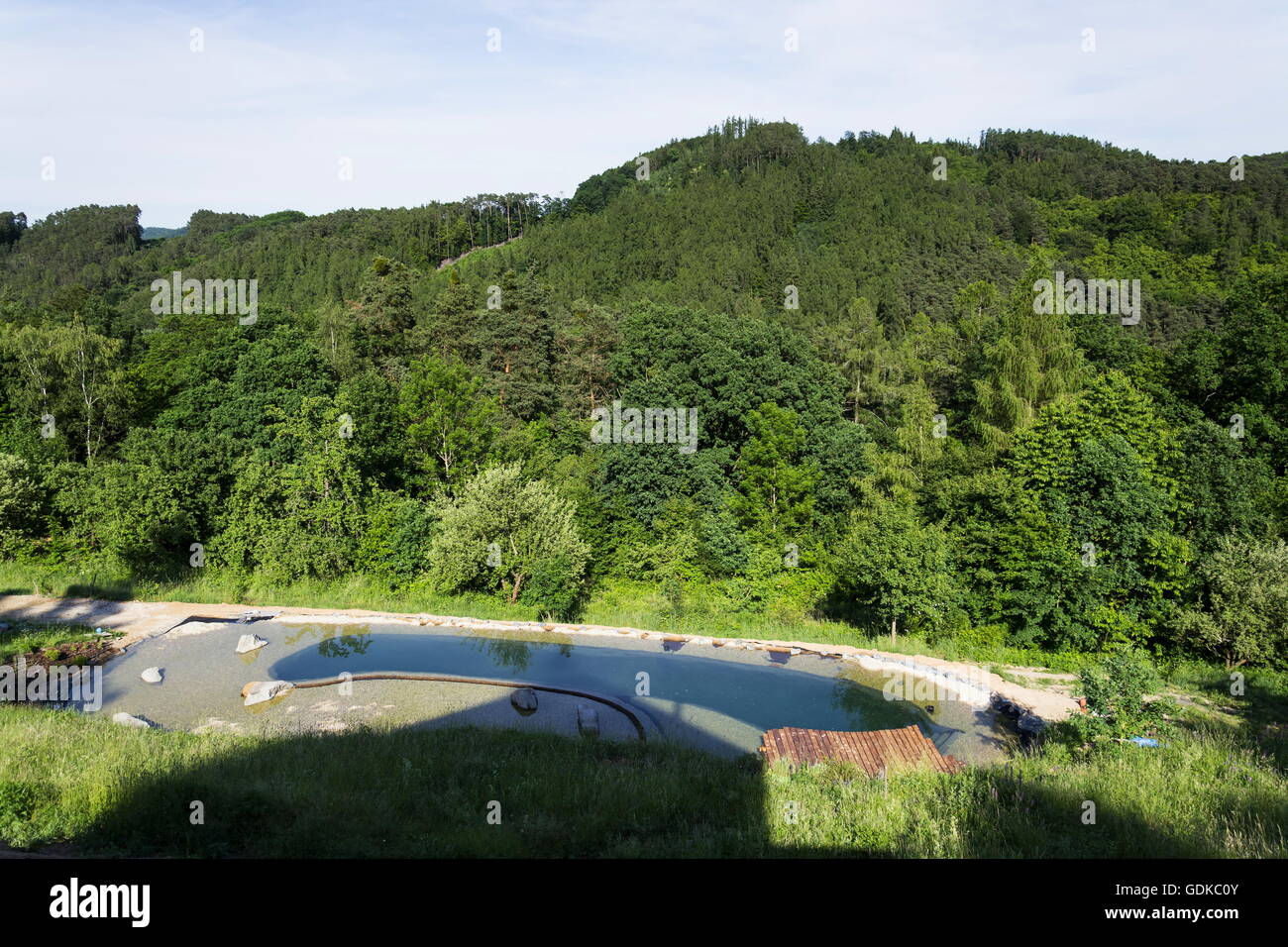 Natural swimming pond purifying water without chemicals through filters and plants Stock Photo