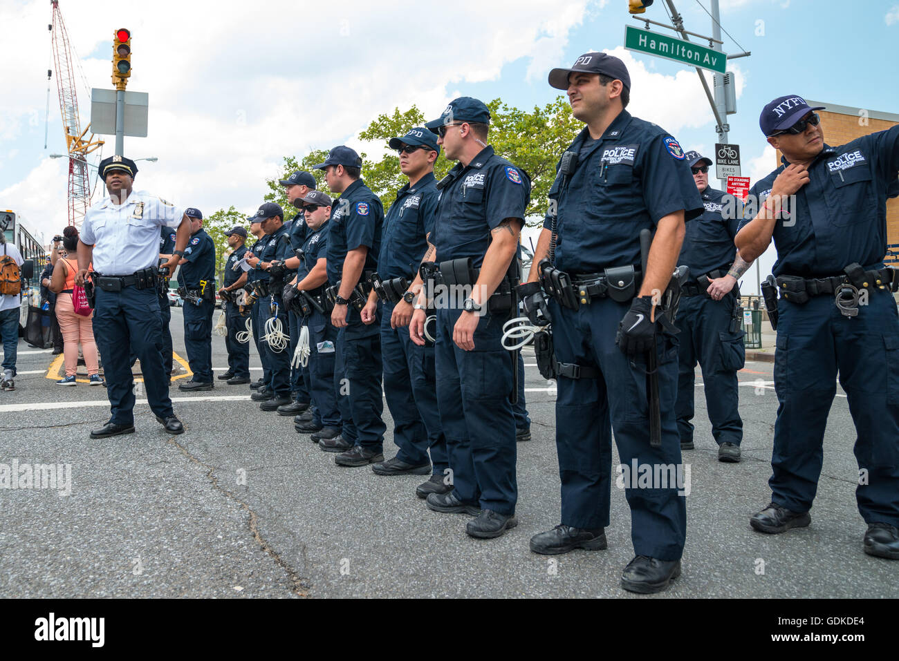 New York, United States. 17th July, 2016. NYPD officers prepare to ...