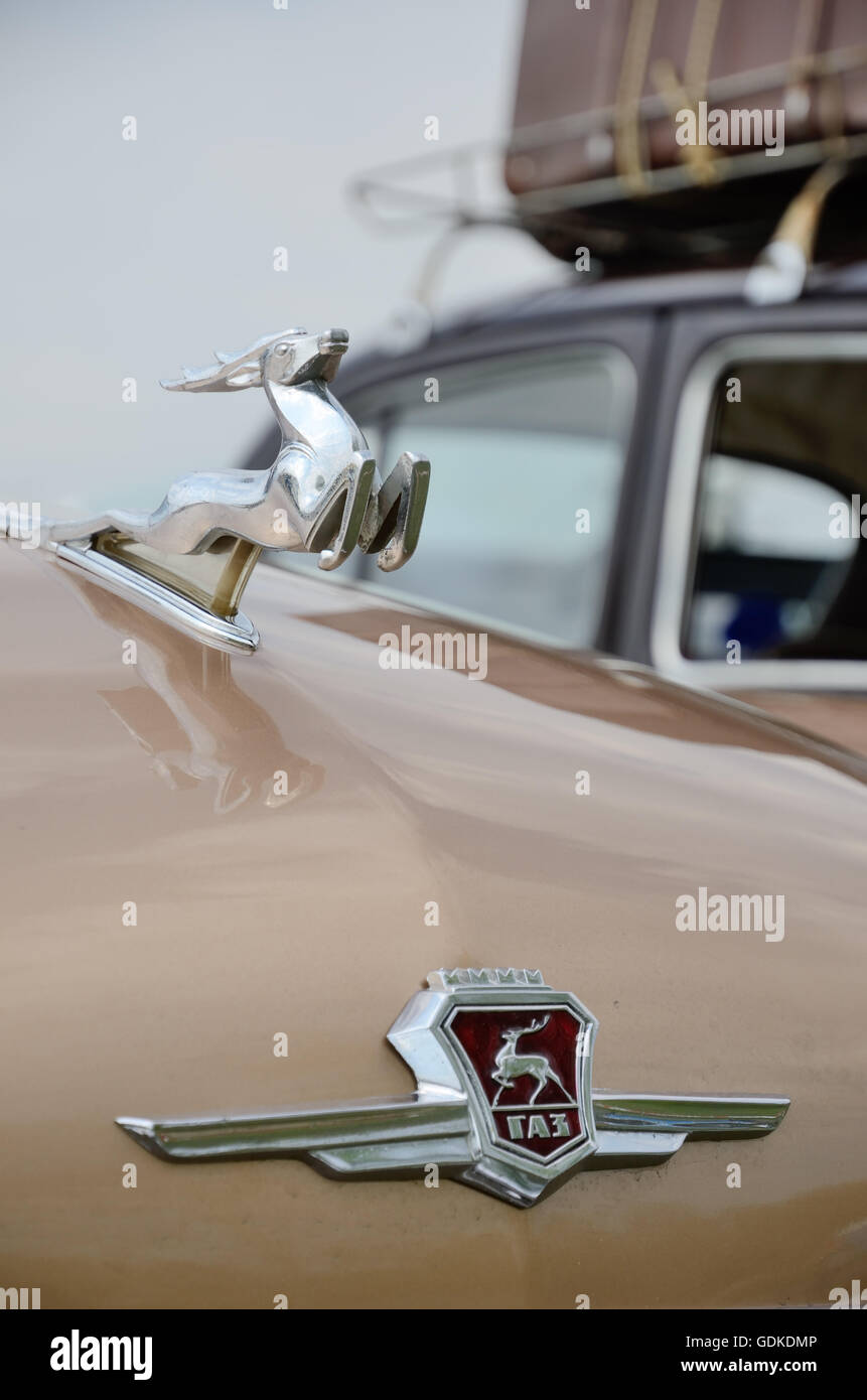 Deer-like hood ornament of the vintage car GAZ Stock Photo