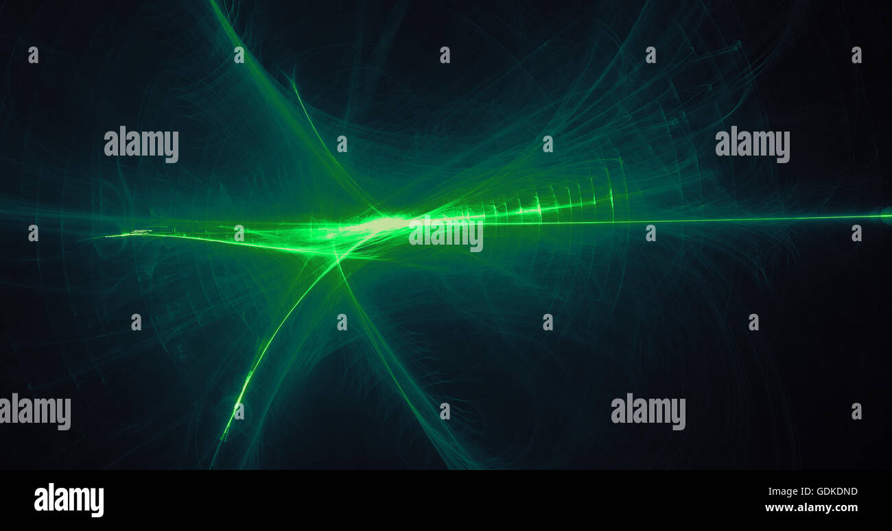Abstract Pattern Against Dark Background In Green Lines Curves And Particles Stock Photo
