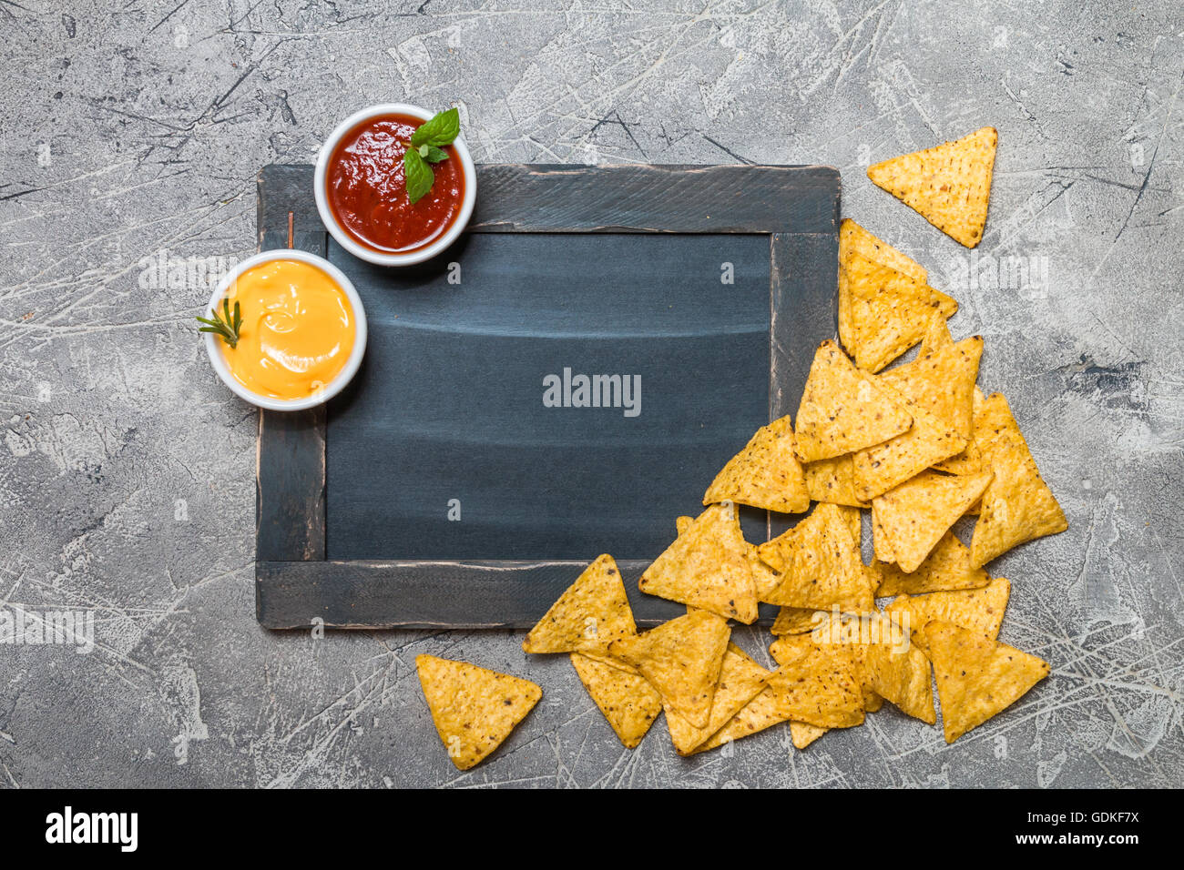 Mexican nacho with sauces and chalk board Stock Photo Alamy