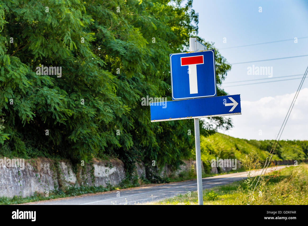 Dead End Road And Direction Sign To The Right Both Without Written Words Situated On A Country Road Near The Bank Of A River Stock Photo Alamy