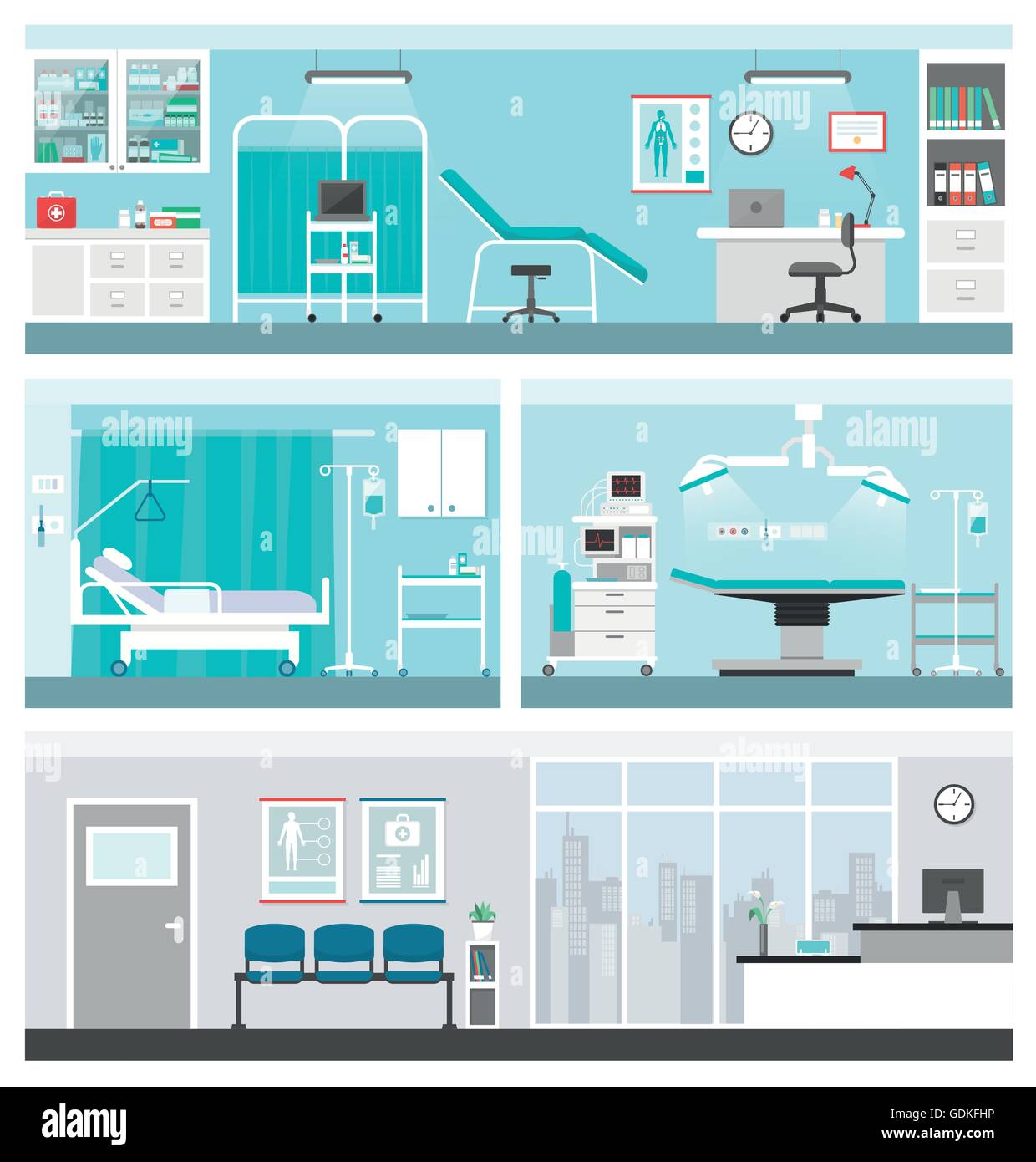 Hospital and healthcare banners set, doctor office, ward, surgery operating room, waiting room and reception Stock Vector